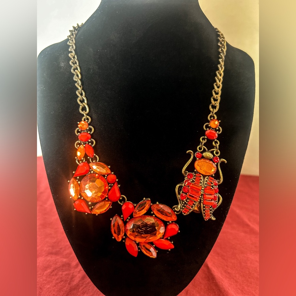 Rare Vintage Red/Orange Jeweled Beetle Insect Necklace Whimsigoth Witchy